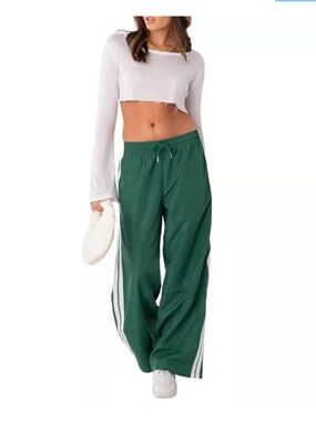 NWT EDIKTED Y2K Relaxed Wide-Leg Track Pants Athleisure Green & White Stripe